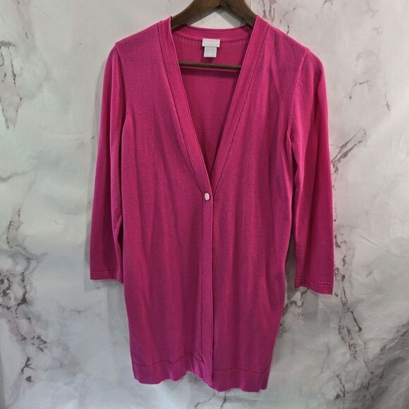 Chicos Cardigan Womens 0 Small Pink Wrap Topper Magenta Hot Travelers Ruana Long - Picture 1 of 12